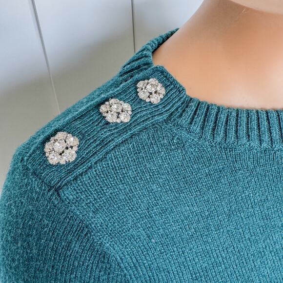 J. Crew, Teal/Green Crewneck Sweater w/ Jeweled Buttoned Shoulders-Women’s Small - Picture 2 of 9